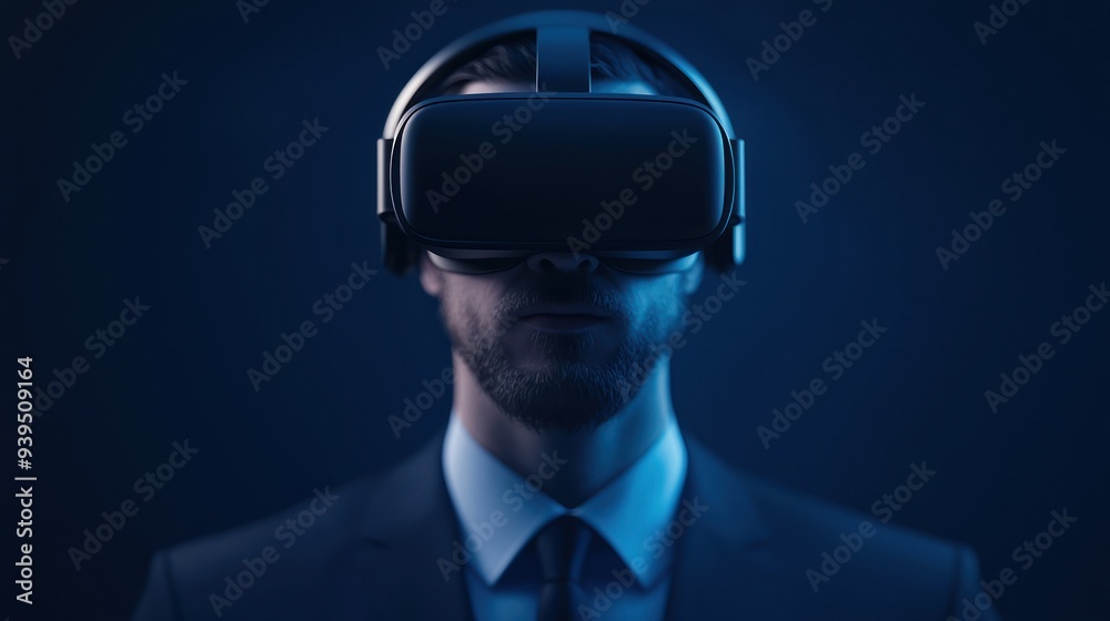 A man wearing a virtual reality headset in a dark setting, representing futuristic technology and modern innovation.