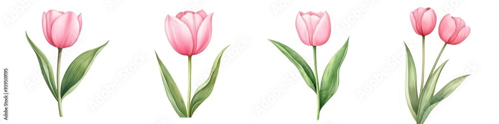 A collection of beautiful pink tulips with green leaves, perfect for spring themes, floral designs, and greeting cards. A collection of beautiful pink tulips with green leaves, perfect for spring themes, floral designs, and greeting cards.