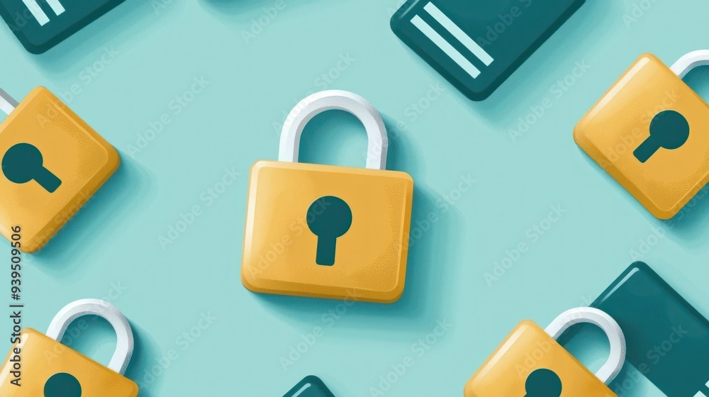 Colorful illustration of padlocks and notebooks on a teal background, symbolizing security and data protection.