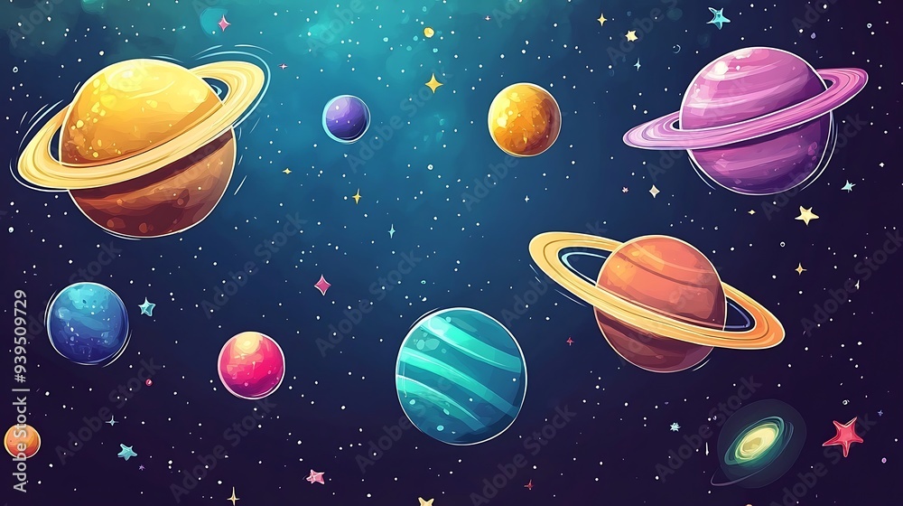 Naklejka premium Fantasy Cartoon Planets in Colorful Space - Vibrant Vector Art Illustration with Detailed Digital Painting
