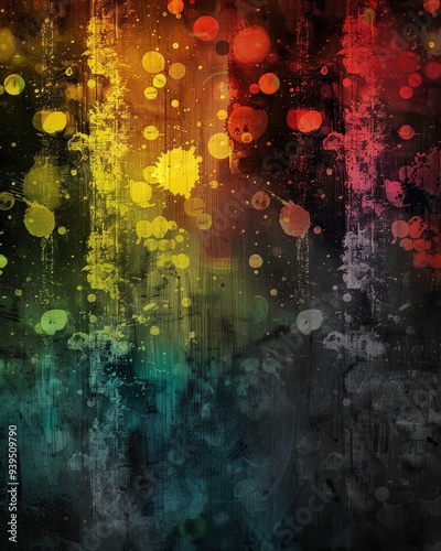 A vivid abstract artwork with a gradient of bold colors including red, yellow, and green splashes on a dark background, evoking intense emotions and creativity.