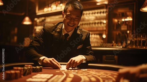 A smiling dealer in a cool black suit deals cards at a baccarat table under dim lighting, emphasizing the mysterious atmosphere.