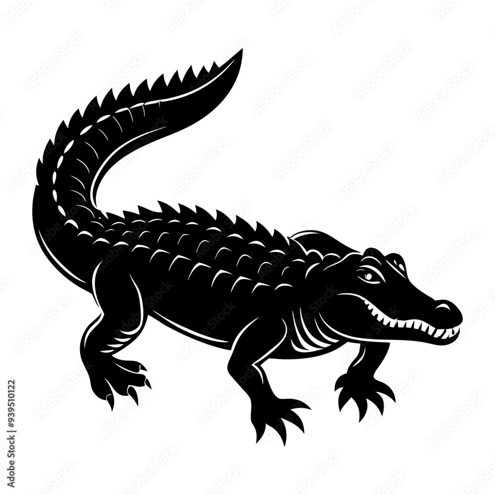 Fototapeta premium A black silhouette crocodile alligator illustration vector white background 