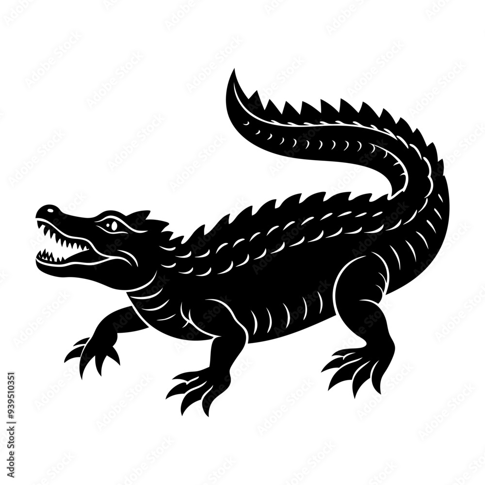 Fototapeta premium A black silhouette crocodile alligator illustration vector white background 