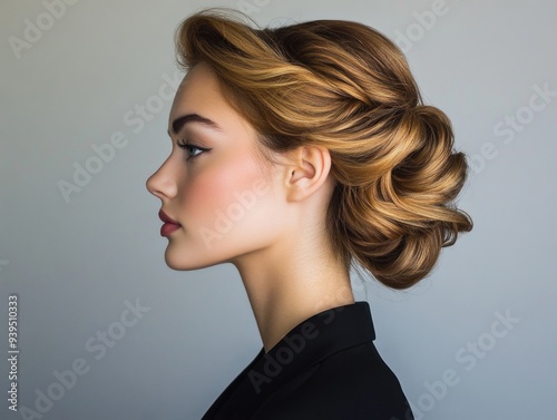 Elegant Woman with Classic Updo Hairstyle and Professional Attire against Neutral Background photo