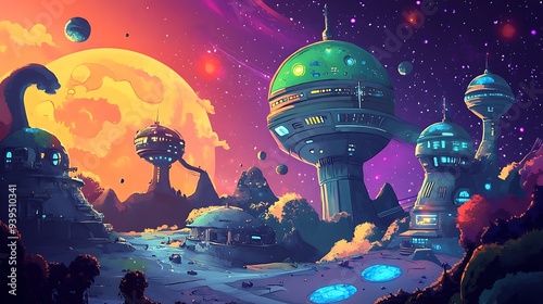 Fototapeta Naklejka Na Ścianę i Meble -  Fantastical Space Stations: Whimsical Orbits in Alien Worlds - Cartoon Vector Art Illustration