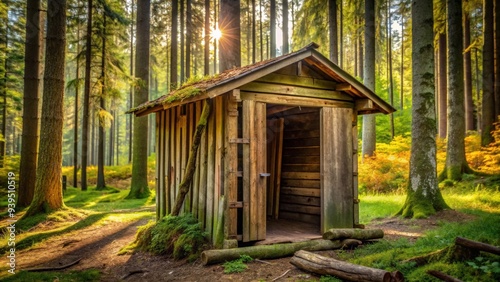 image of an old woodshed in a forest setting, woodshed, rustic, outdoors, natural, wooden structure, shelter, rural, countryside