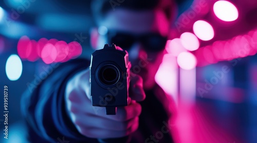 A dramatic scene featuring a person holding a gun aimed forward, illuminated by vivid purple and blue lights.