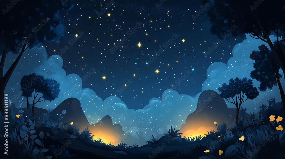 Naklejka premium Enchanting Cartoon Starry Night Sky with Glowing Constellations - Vector Art Fantasy Illustration of Colorful Dreamworld