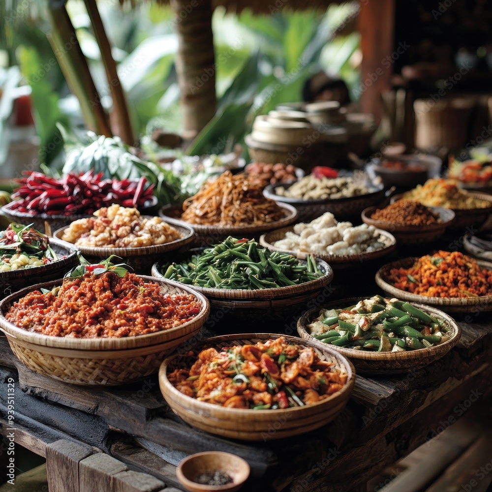 Spicy Asian Food in Bowls on Wooden Table - A Realistic Photo Spicy Asian Food in Bowls on Wooden Table - A Realistic Photo