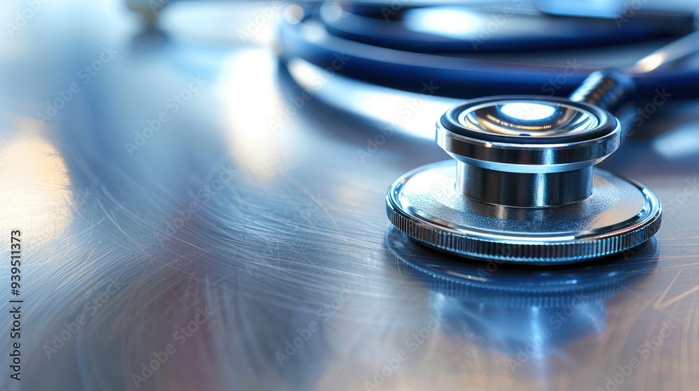 photograph of Close-up photograph of a stethoscope placed on a clean, shiny metal surface. photograph of Close-up photograph of a stethoscope placed on a clean, shiny metal surface.