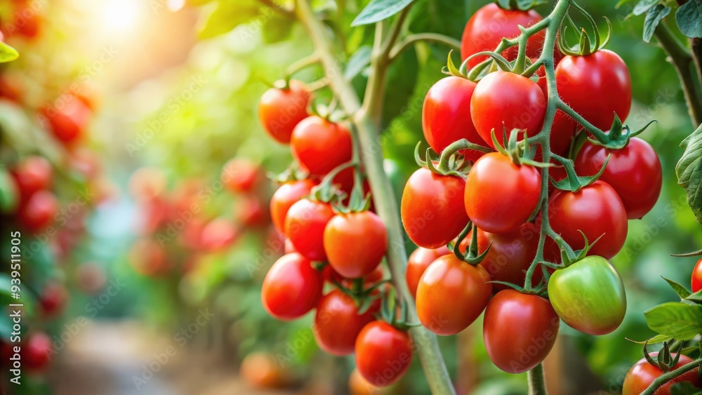 Fototapeta premium Ripe red tomatoes on vine in a garden , fresh, organic, healthy, agricultural, produce, vibrant, juicy, ripe, plant