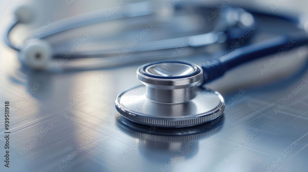 photograph of Close-up photograph of a stethoscope placed on a clean, shiny metal surface. photograph of Close-up photograph of a stethoscope placed on a clean, shiny metal surface.