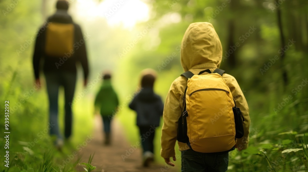 A child with a yellow backpack walking on a forest trail with family, surrounded by lush greenery and sunlight. A child with a yellow backpack walking on a forest trail with family, surrounded by lush greenery and sunlight.