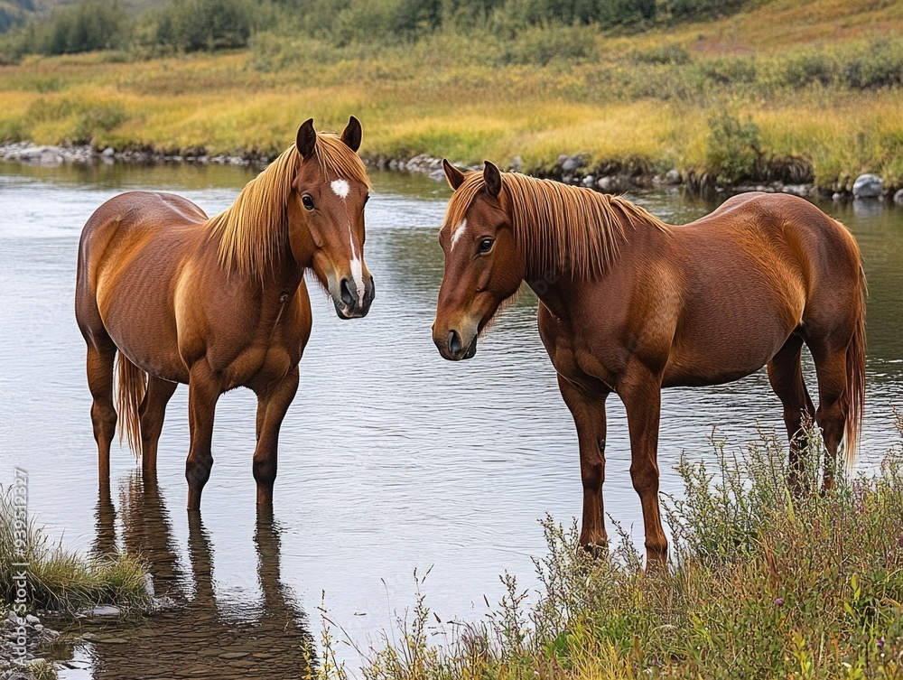 Two Chestnut Horses in River Landscape During Early Autumn in Serene Nature Two Chestnut Horses in River Landscape During Early Autumn in Serene Nature