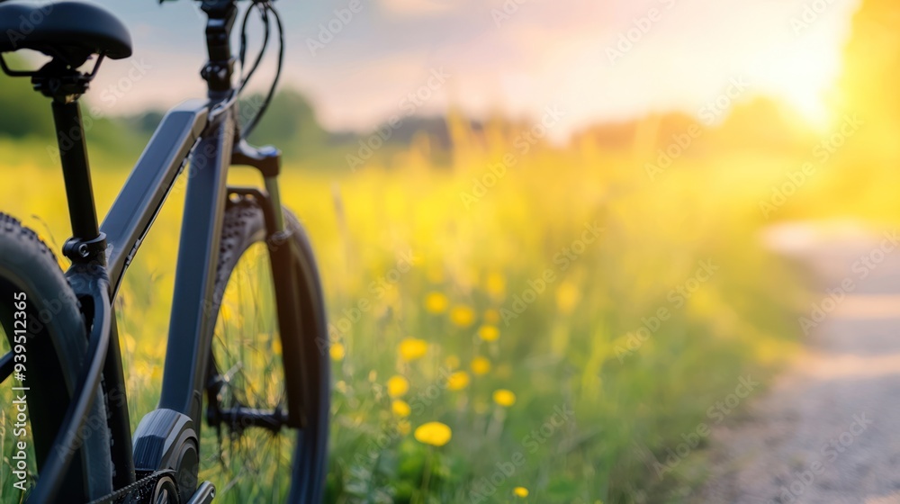 Naklejka premium A tranquil scene featuring a bicycle beside a sunlit pathway adorned with vibrant flowers in a lush, green landscape.