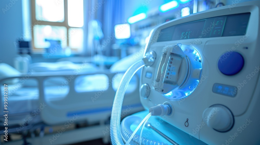 Photograph of a modern ventilator on an examination table in an ICU room. Photograph of a modern ventilator on an examination table in an ICU room.