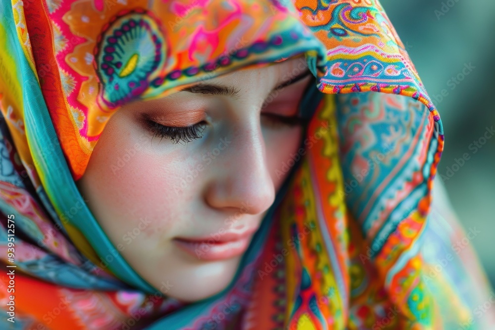 Beautiful teen girl wearing a colorful headscarf closing her eyes Beautiful teen girl wearing a colorful headscarf closing her eyes