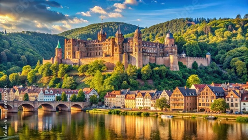 Majestic Heidelberg Castle overlooking the Neckar River , Germany, historic, architecture, ruins, tourist attraction