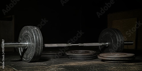 A barbell with weight plates, resting on a gym floor, in a dimly lit room.
