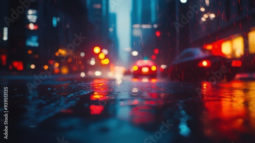 Raindrops create a shimmering effect on the pavement as taxis move along a busy city street. The vibrant lights reflect off the wet ground, enhancing the bustling urban atmosphere during twilight