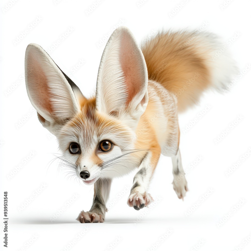 Obraz premium A charming fennec fox with large ears prancing playfully, showcasing its unique features and adorable personality.