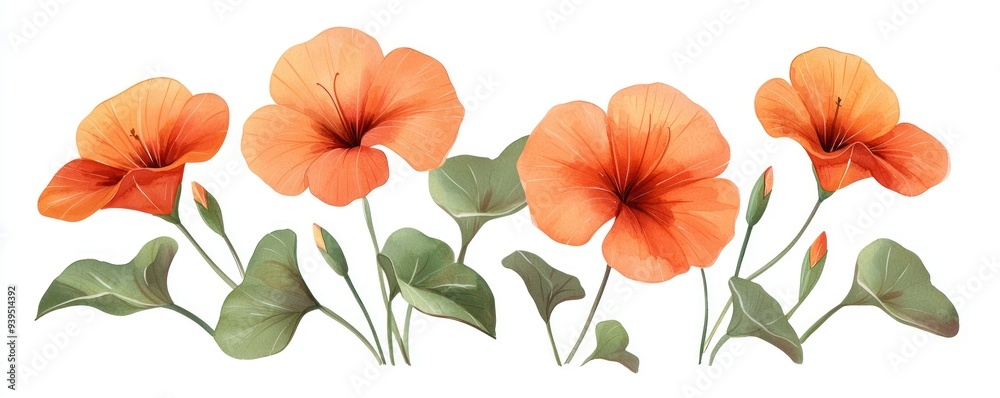 Fototapeta premium A stunning illustration of vibrant orange flowers with lush green leaves, perfect for botanical and floral designs.