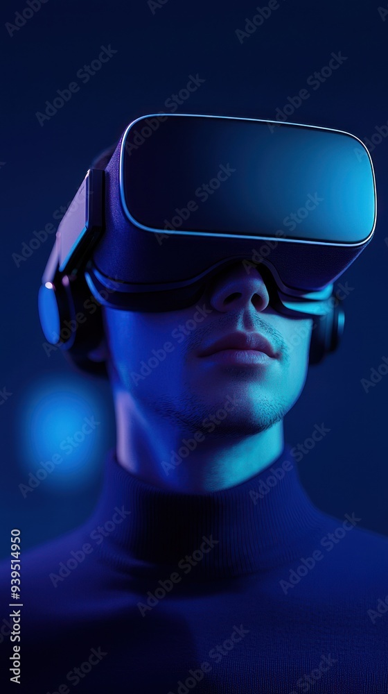 A person wearing a virtual reality headset, immersed in a digital experience against a futuristic backdrop.