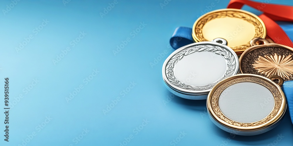 Gold, silver, and bronze medals on a blue background. Gold, silver, and bronze medals on a blue background.