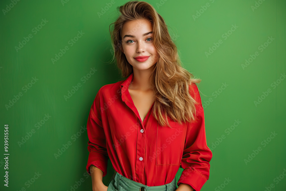 Obraz premium cute blond girl in casual clothes in a red blouse on a green background