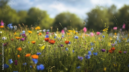 Wide view of a lush wildflower meadow with a mix of bright, blooming flowers and a gentle breeze