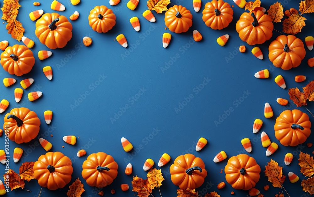 A vibrant flat lay of Halloween pumpkins and candy corns, perfect for festive designs and seasonal promotions, with copy space. A vibrant flat lay of Halloween pumpkins and candy corns, perfect for festive designs and seasonal promotions, with copy space.