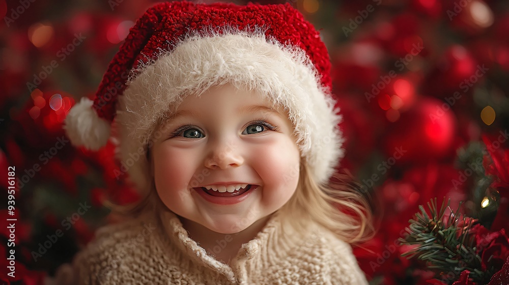 A joyful toddler in Christmas attire with a bright smile, perfect for holiday cards and festive designs with copy space.
