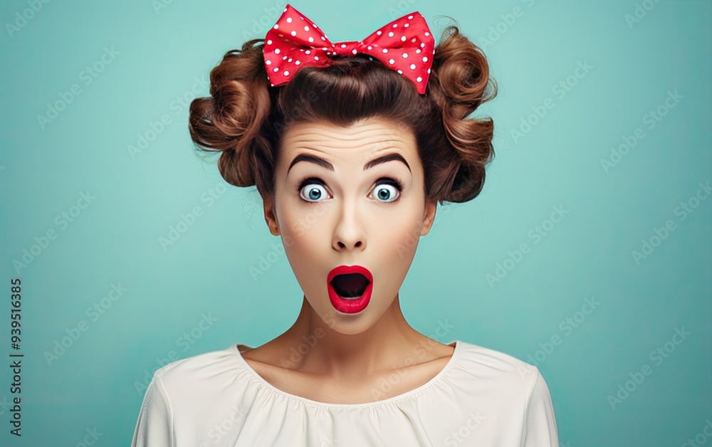 surprised young woman, retro pin up hair style and make up over plain studio background surprised young woman, retro pin up hair style and make up over plain studio background