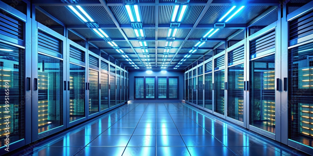 rendering of a modern and futuristic server room, technology, data center, network, servers, communication rendering of a modern and futuristic server room, technology, data center, network, servers, communication