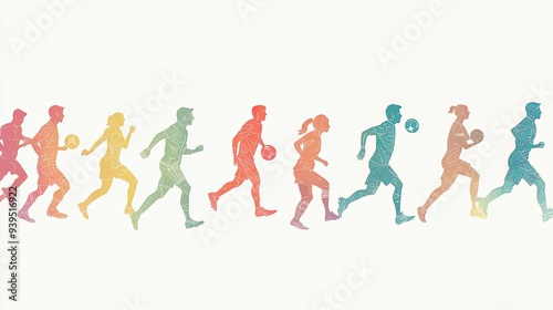 A line of colorful silhouettes of people running and playing sports.