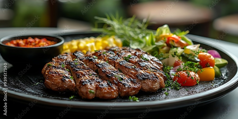 Grilled Steak with Salad and Corn on a Black Plate - Realistic Image Grilled Steak with Salad and Corn on a Black Plate - Realistic Image