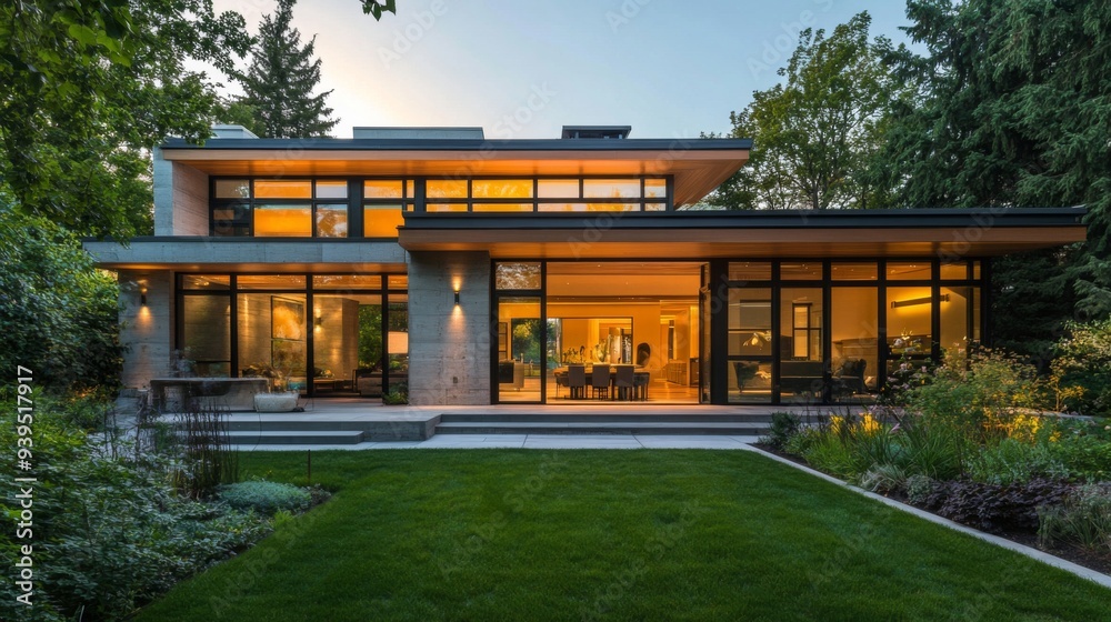 Wide view of a minimalist home exterior with clean lines, large glass windows, and a simple, modern design Wide view of a minimalist home exterior with clean lines, large glass windows, and a simple, modern design