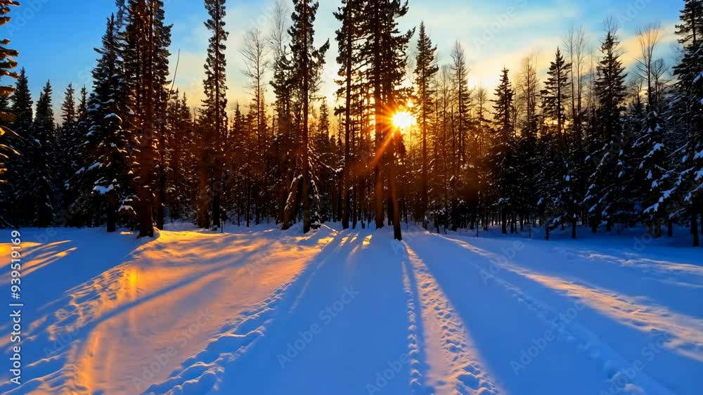 A winter forest during sunset, with rim lighting casting a warm glow around the edges of the trees.