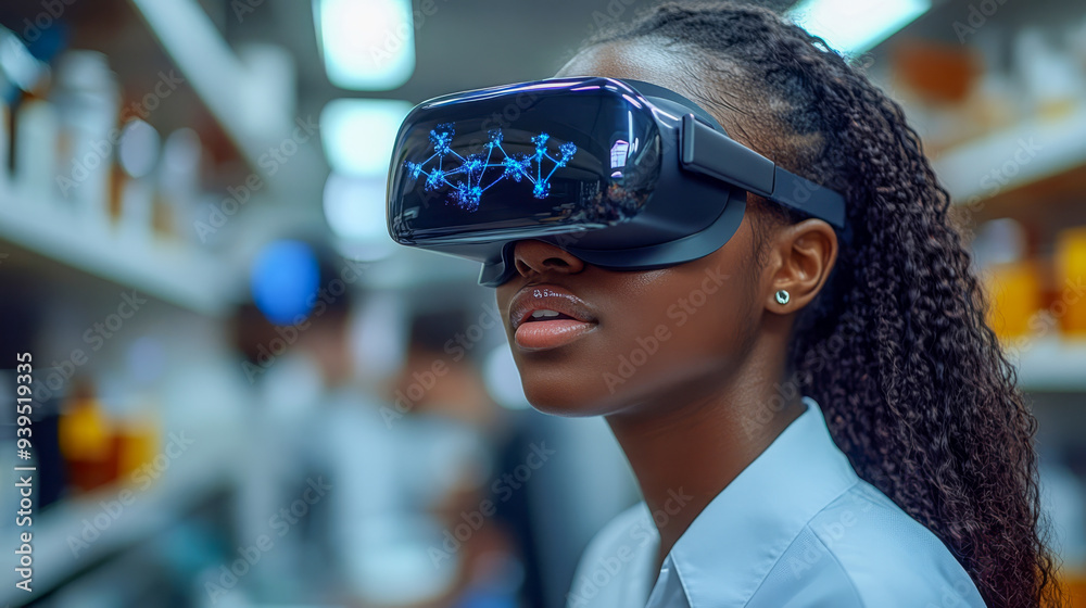 A student uses a virtual reality headset to explore complex molecular structures in a school lab, engaging in immersive STEM learning.. A student uses a virtual reality headset to explore complex molecular structures in a school lab, engaging in immersive STEM learning..