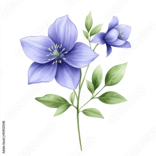 Beautiful illustration of a delicate purple flower with green leaves, perfect for nature-themed designs and botanical art.