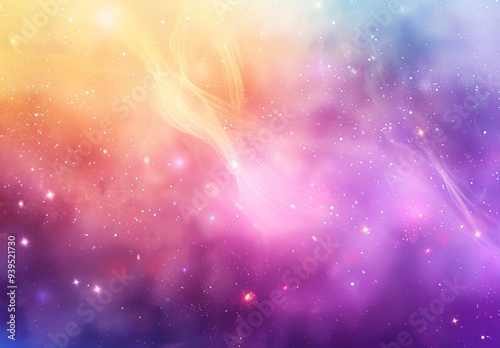 A dreamy galaxy with a background blending yellow, pink, and purple hues, dotted with stars and wispy cosmic clouds.