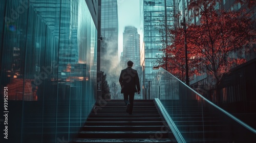 In a bustling urban setting, a solitary individual ascends stairs, flanked by towering glass structures and vibrant fall leaves, capturing a moment of quiet reflection at dusk