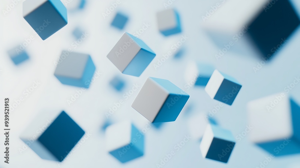 Serene Cubic Dreamland - Abstract Minimalist 3D Render with Matte White and Electric Blue Cubes Drifting in Cinematic Lighting Serene Cubic Dreamland - Abstract Minimalist 3D Render with Matte White and Electric Blue Cubes Drifting in Cinematic Lighting