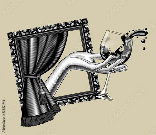Female hand holding a glass with splashed wine in retro decorative frame with a classic curtain. Vector conceptual illustration in vintage black and white 
engraving style