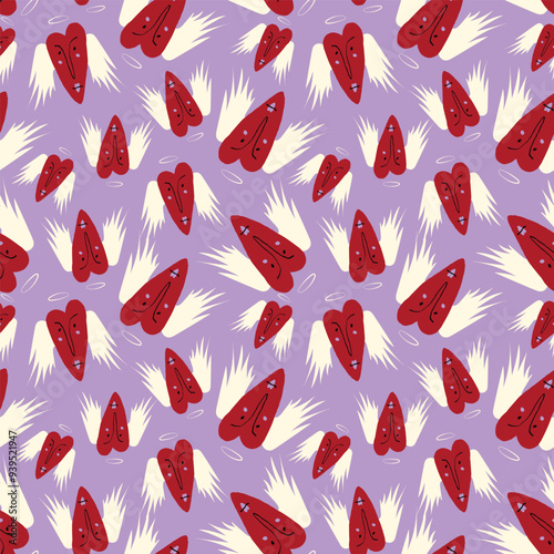 Bright Valentines Day seamless pattern with cool angels hearts. Valentine characters background