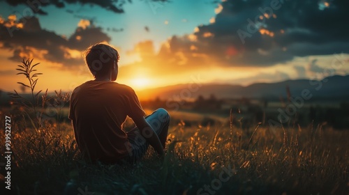 As the sun sets, an individual sits peacefully in a grassy field, gazing at the vibrant sky painted with warm colors over distant hills