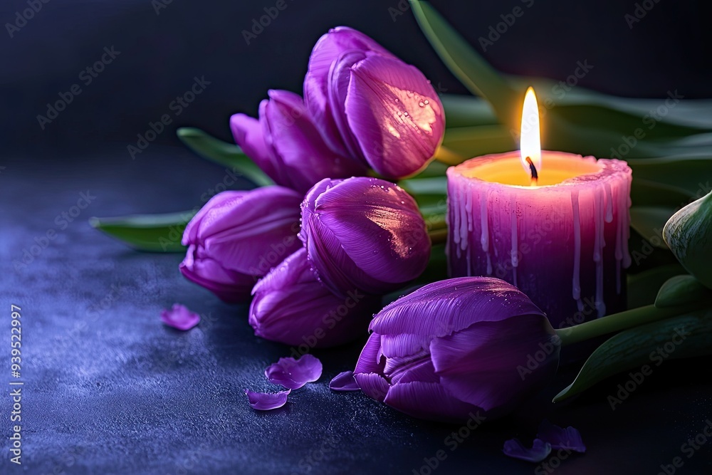 glowing purple tulips with burn candle on black background 
