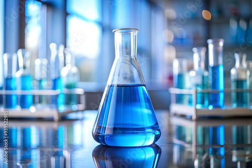 A laboratory Erlenmeyer flask filled with blue liquid, set against a blurred background of a modern lab. Ideal for science, research, and laboratory-themed projects.