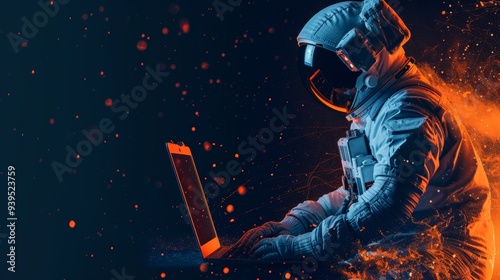 An astronaut intently working on a laptop, set in a cosmic, high-tech environment, symbolizing the intersection of space exploration and technology. photo